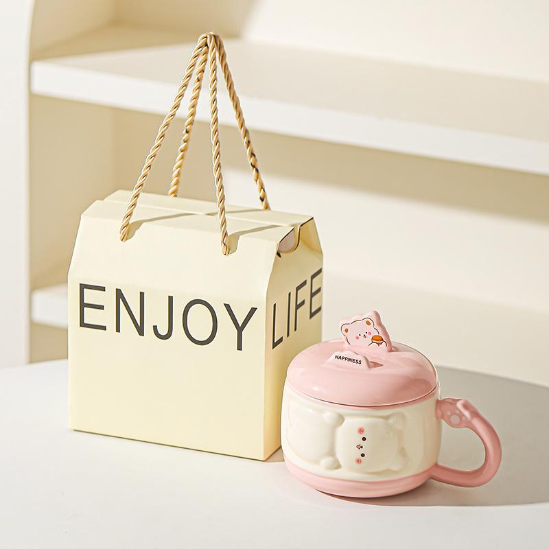 Cute Girl Cartoon Chubby Ceramic Mug with Lid Mobile Phone Stand Cup Birthday Gift Water Cup Souvenir