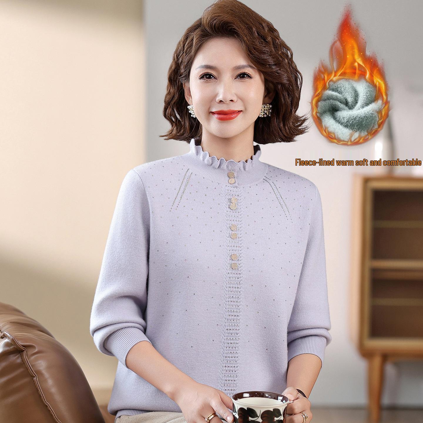 

Mom s Stylish Plus Velvet Sweater - New Winter Warm Base Layer Top for Middle-Aged and Elderly Women 3XL [Recommended 135-145 lbs]