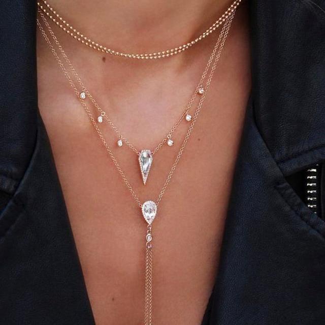 Vintage Multilayer Crystal Pendant Necklace Women Gold Col ~ Vintage Multilayer Crystal Pendant Necklace Women Gold Col ~