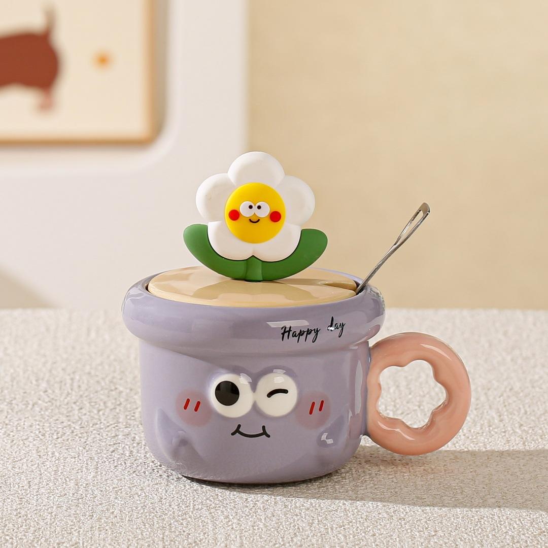 

New product with lid small flower ceramic cup with cute expression mug office high value large capacity cup girls gift ≈370ml