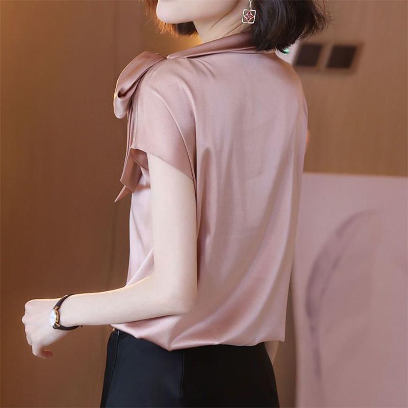 Office Lady Elegant Fashion Bow Satin T-shirt Female Short Sleeve Solid All-match Pullover Tee Women's Temperament Summer Tops