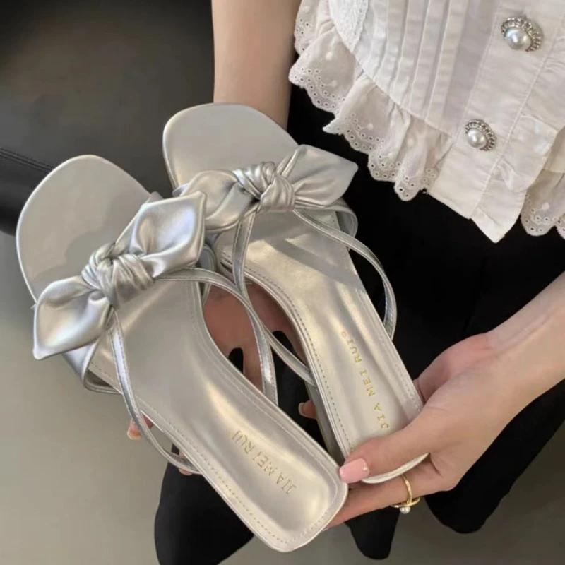 Middle Heel Peep Toe PU Butterfly-knot Shoes for Women 2024 New Modern Slippers Summer Outdoor New Women's Slippers