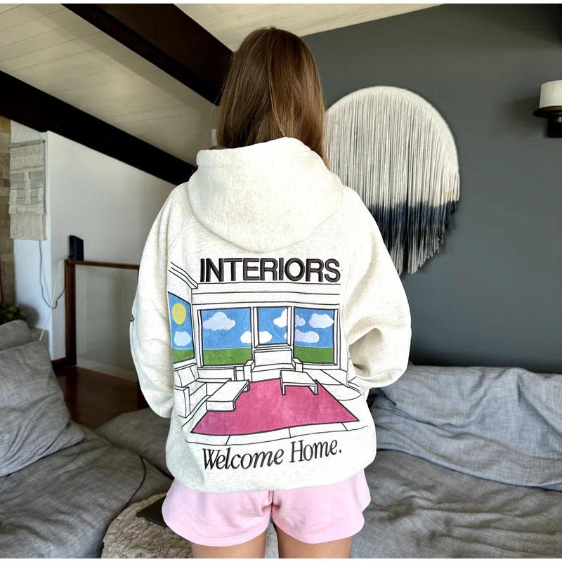 Kvinner Tykk Langermet Høst og Vinter O-Hals Hettegenser Vintage Blomsterprint Mote Løse Sweatshirts med Lomme