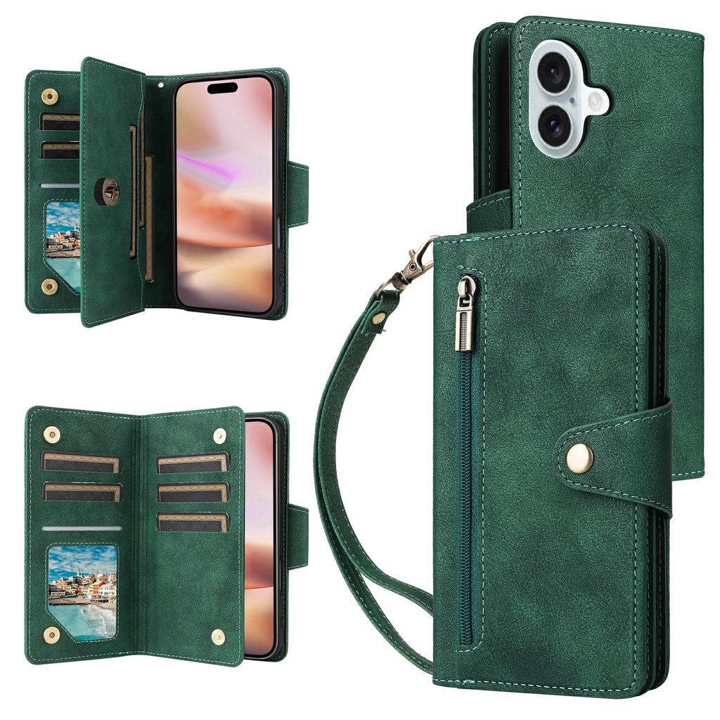 For iPhone 17 Case Zipper Wallet Rivet Decor Leather Phone Cover with Wrist Strap