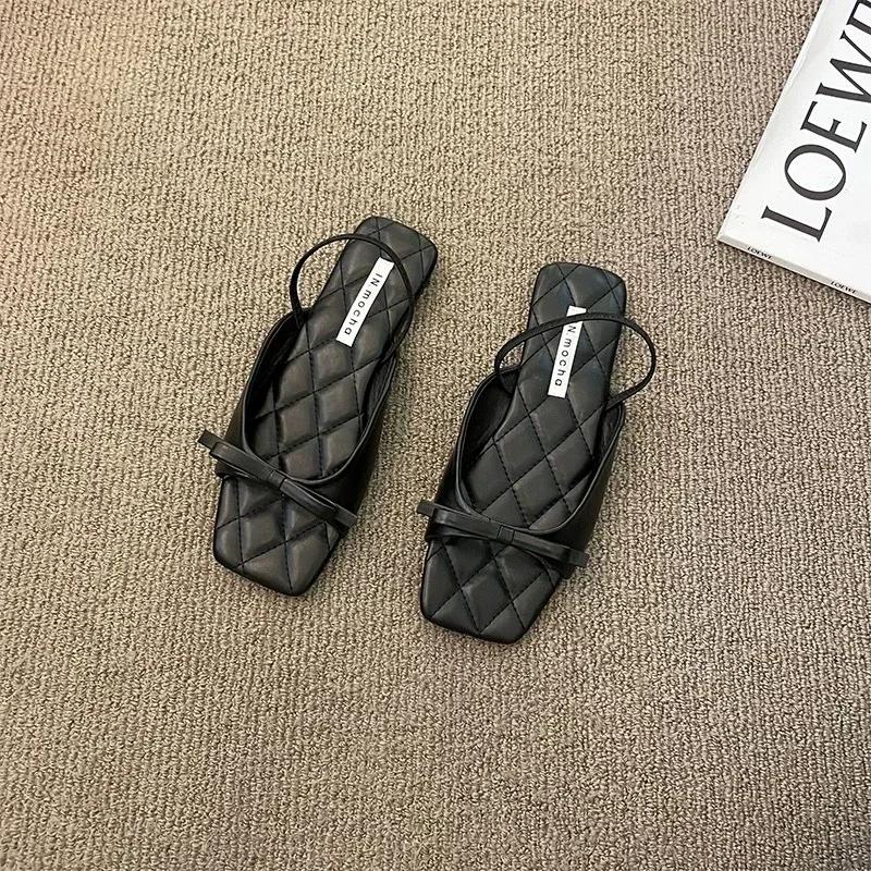 

Летние новые женские тапочки с открытым носком и квадратным носком 2024 года, брендовая обувь для женщин, повседневные женские тапочки с бантом и плоским носком на открытом воздухе Chinelos 40 чёрный