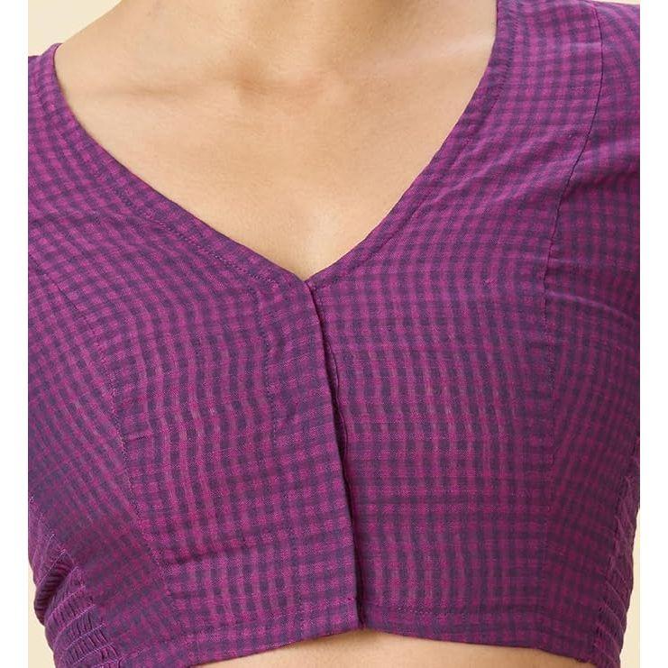 Women Cotton Half Sleeve Madras Checks Saree Blouse with Stretchable Sides