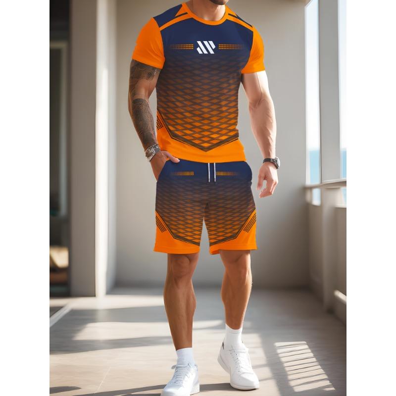 

Men s casual summer sportswear suit - 3D printed pattern, crew neck T-shirt and elasticated design shorts, streetwear fashion and comfort S