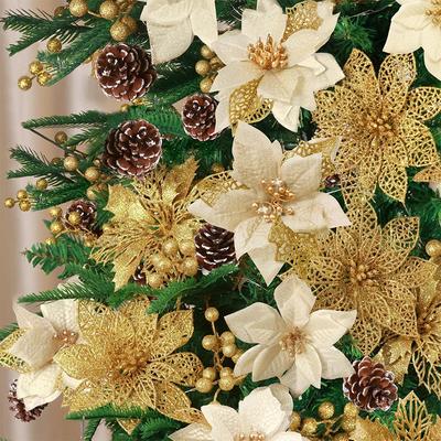 8/16 Stück/Set Glitzer Künstliche Weihnachtsblumen Weihnachtsbaumschmuck für Zuhause Kunstblumen Weihnachtsornamente Neujahrsdeko