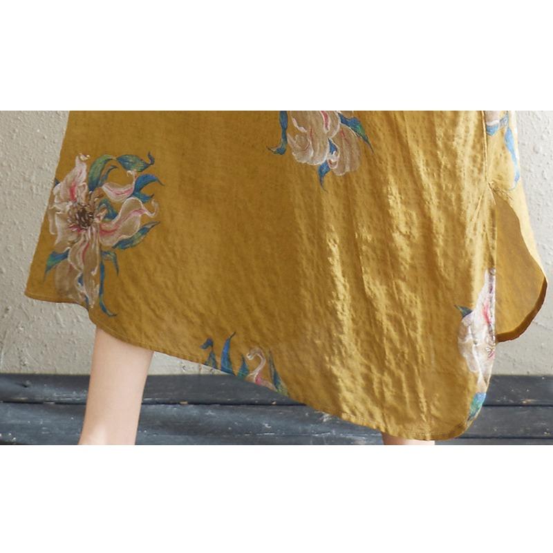 DIMANAF 2025 New Summer Women Linen Vintage Plus Size Long Dress Printing Casual Flower Loose Dress Maxi