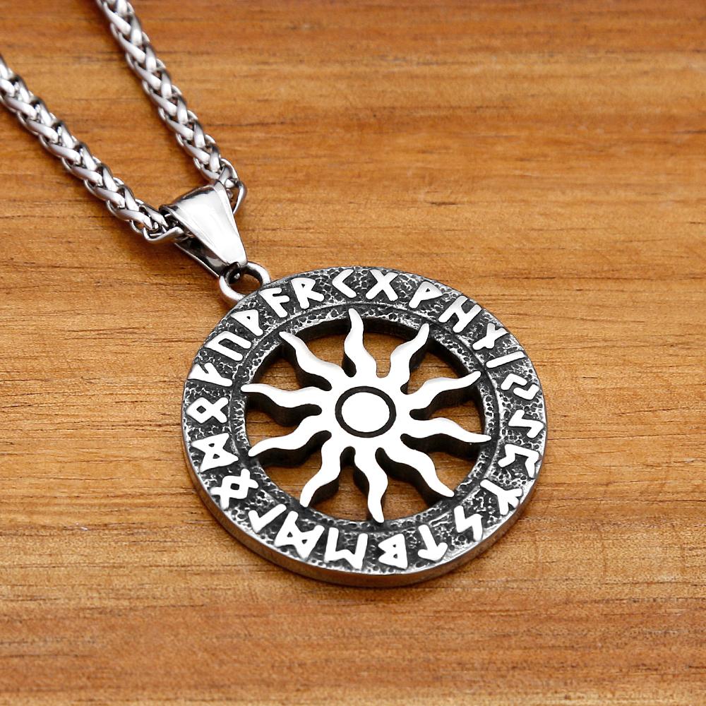 Vintage słońce bóg Apollo naszyjnik moda okrągły Nordic ze stali nierdzewnej Viking Rune naszyjnik mężczyźni biżuteria Amulet prezent