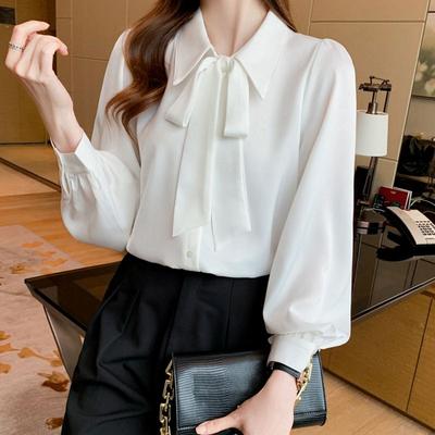 Stilvolle Herbst Weiße Chiffonbluse Damen Langarm Puffärmel Hemd Elegantes Büro Dame Mode Oberteil