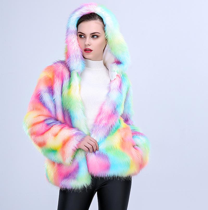 Iridescent Faux Fur Hooded Women's Fashion Party Coat, 2025 European & American Style.