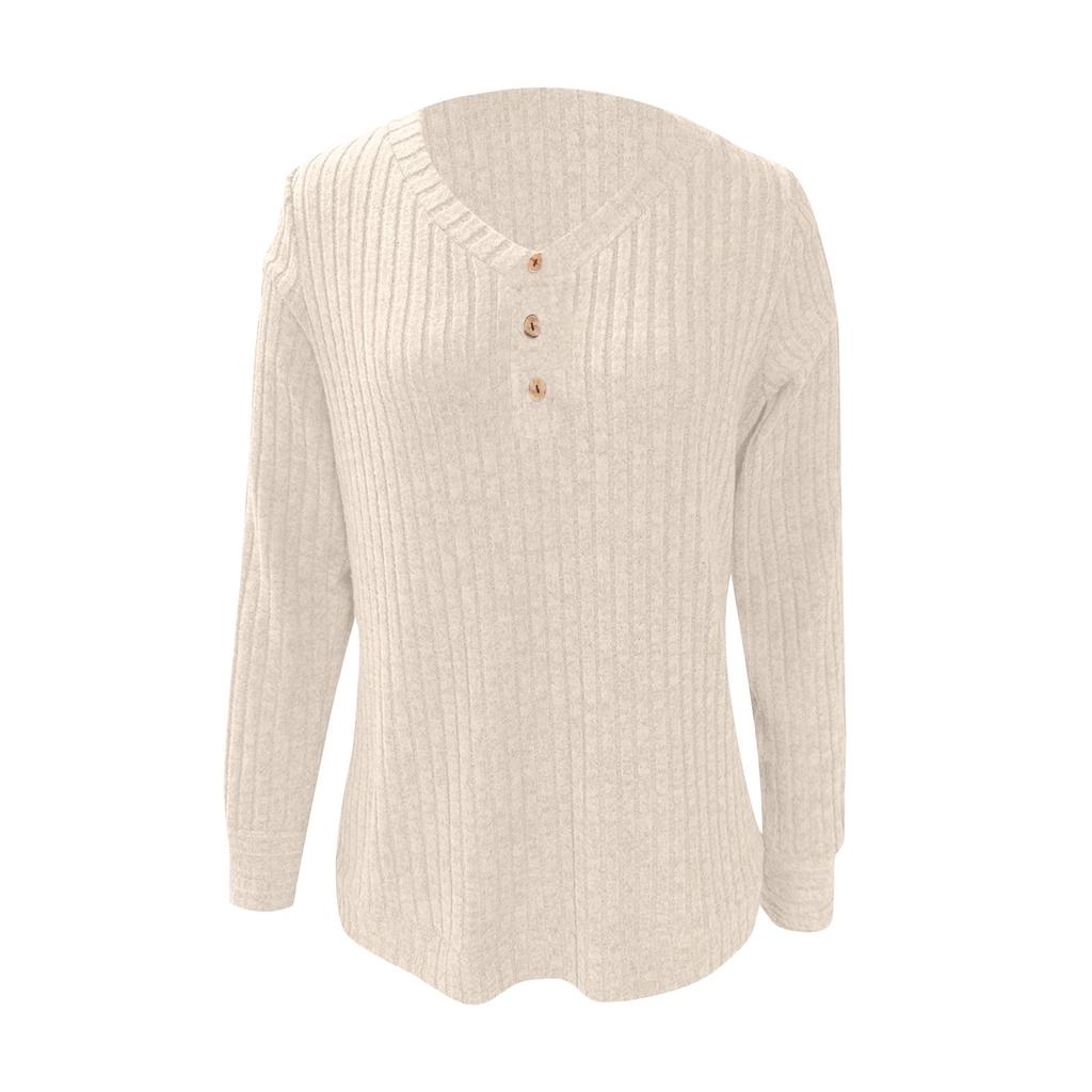 Women's Fashion Color V-Neck Button Loose Long Sleeve T-Shirt Top