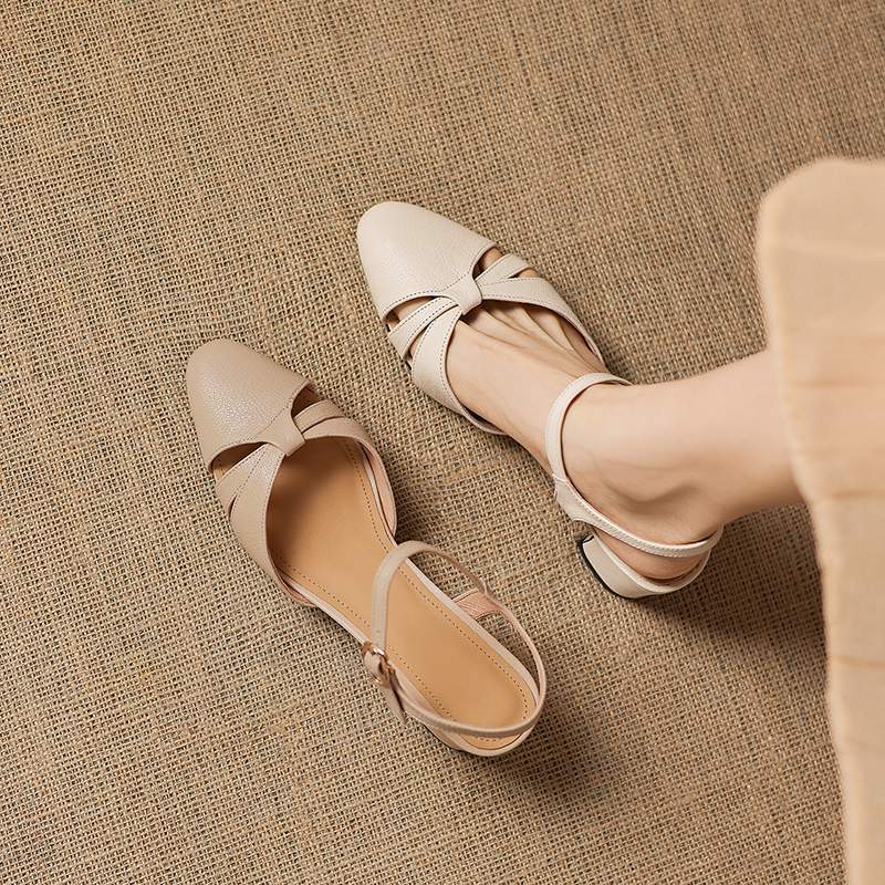 Krazing Pot Sheep Skin Med Heels European Design Summer Size 40 Round Toe Circle Buckle Straps Women Pumps