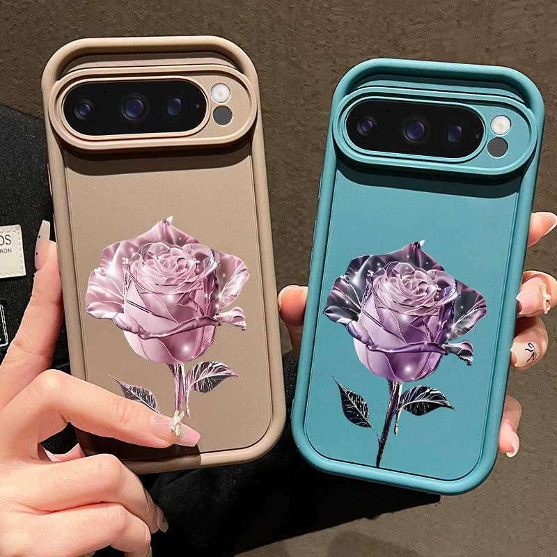 Crystal Rose Flower Pattern Soft TPU Matte Case For Google Pixel 9 Pro XL 8 Pro 8A Solid Color Shockproof Lens Protection Phone Cover