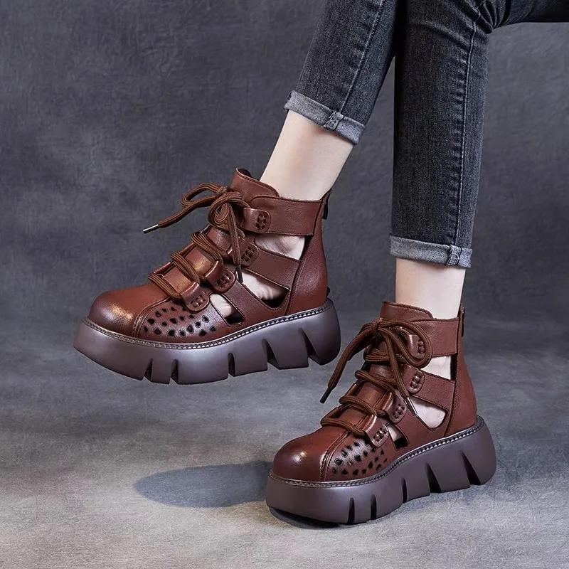 Nuevas sandalias de plataforma retro hechas a mano para mujer, de piel sintética, con cuñas Baotou huecas, zapatos de gladiador con cremallera trasera, suela gruesa, botas geniales