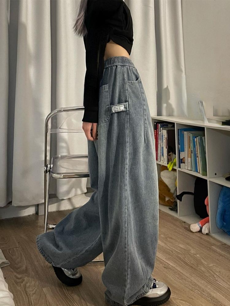 Jarní Vintage Baggy Jeans Elastický pas Ženy Oversized American Denim Široká noha Kalhoty Móda Streetwear Rovné Základní kalhoty Y2k