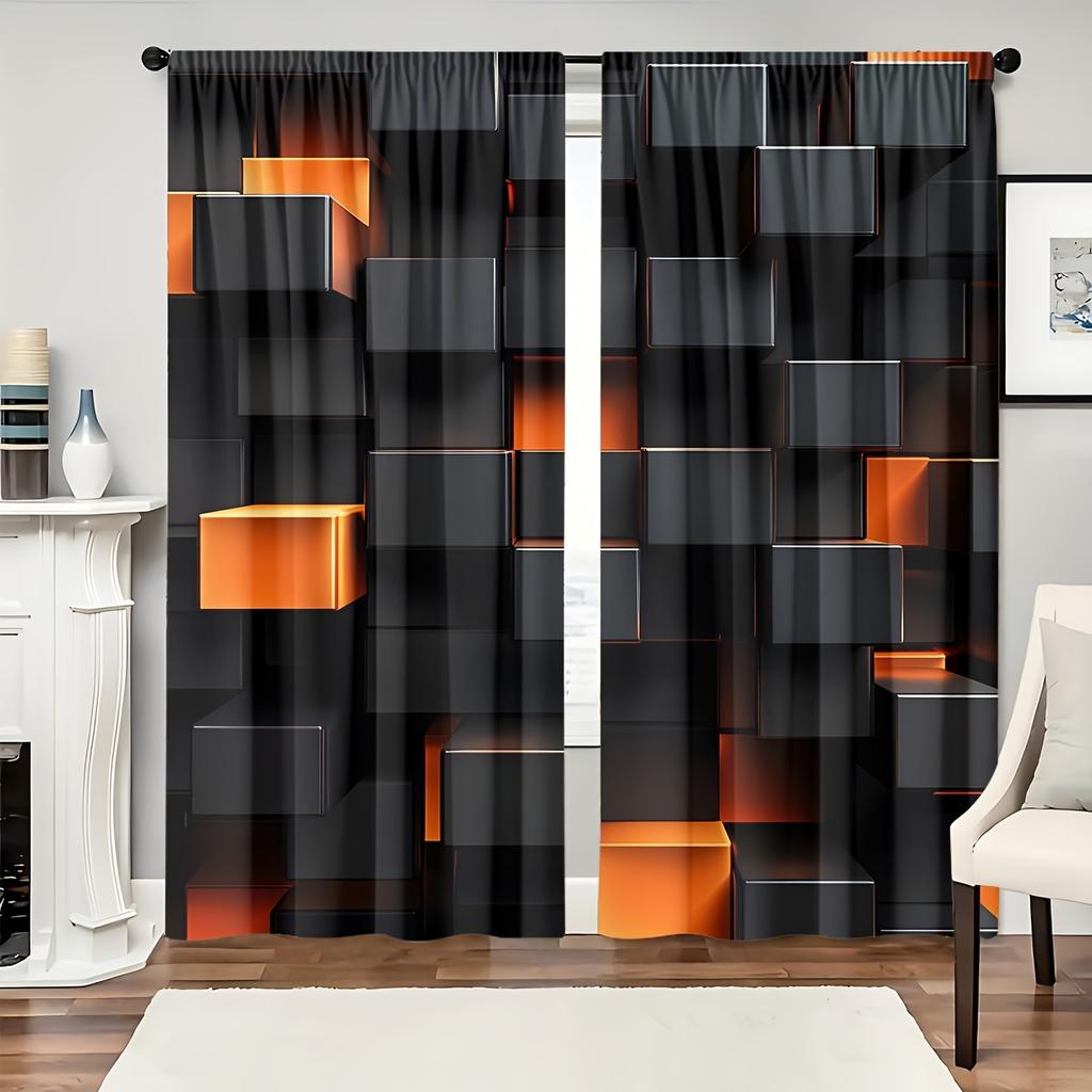 Rideaux filtrant la lumière en polyester 2 pièces Rideaux filtrant la lumière en polyester - Échecs noir et orange numériques haute définition