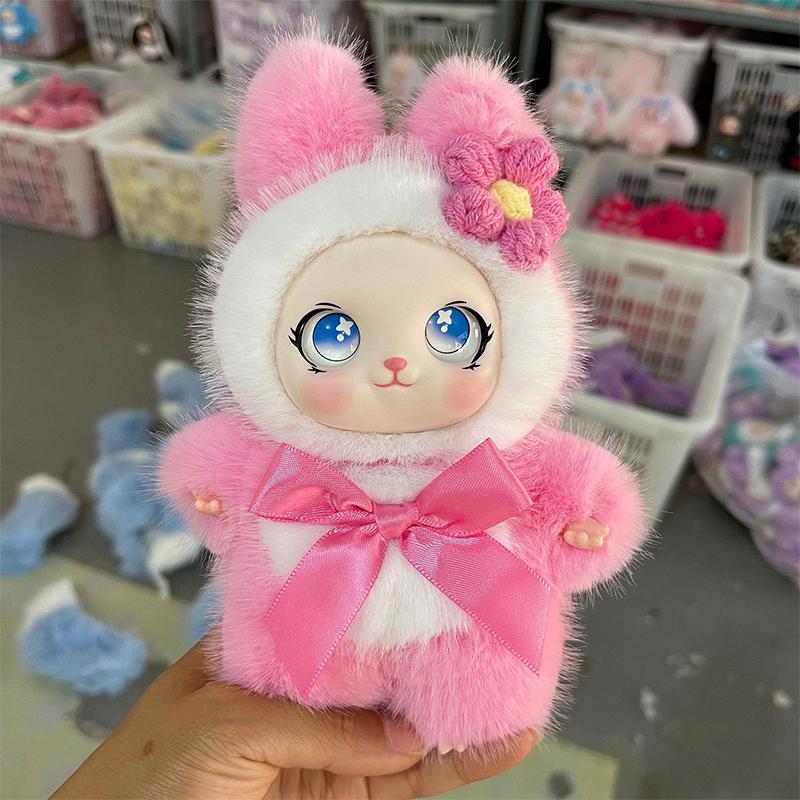 Soft Kawaii Plush Bunny Pendant with Knitted Flower Bow Fashion Bag Charm for Girls Birthday Gift Schoolbag Decor