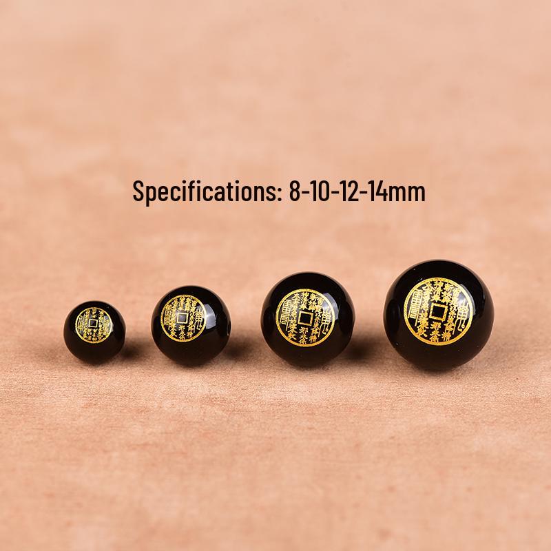Red & Black Agate Gold-Stamped Engraved Bagua Coin Accessory with Round Beads for DIY Jewelry, Various Sizes