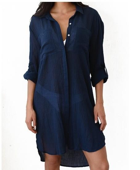 Women's Wrinkle Fabric Two-pocket Concealed Button Beach Cover-up