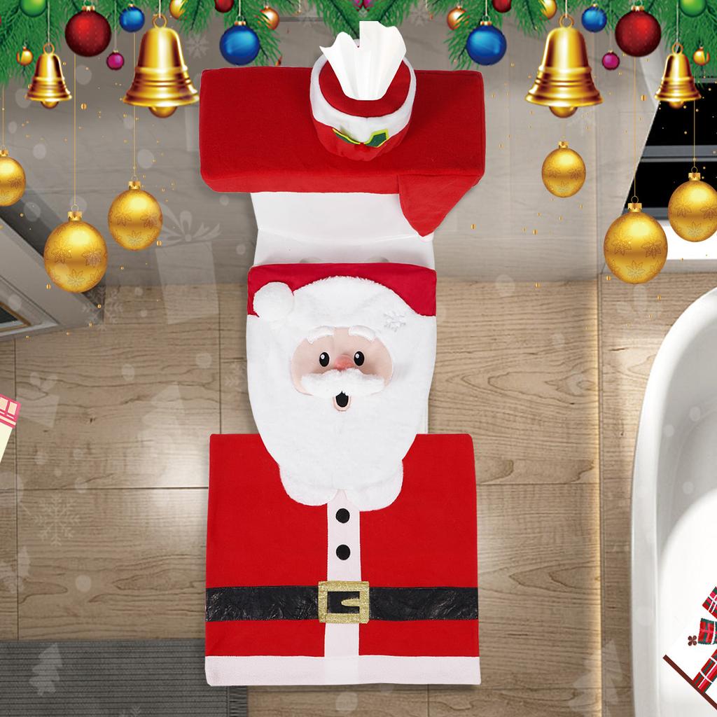 Christmas Bathroom Decoration Set 4Pcs with Toilet Cover Rugs Tank Cover Paper Box Cover Festive Indoor Party Decor