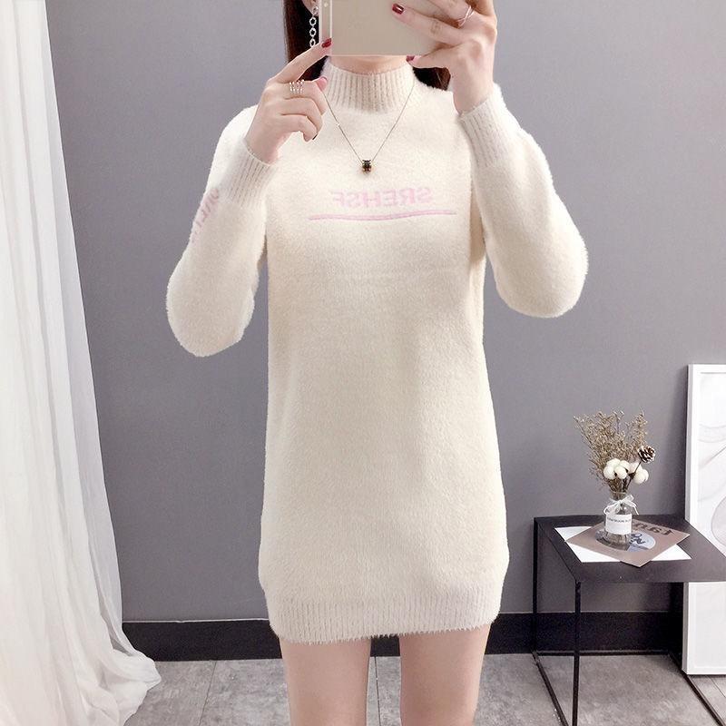 

Плюшевый свитер средней длины из искусственной норковой шерсти для женщин, корейская версия, свободная, полувысокая горловина, вязаное базовое пальто XL 60-65kg слоновая кость