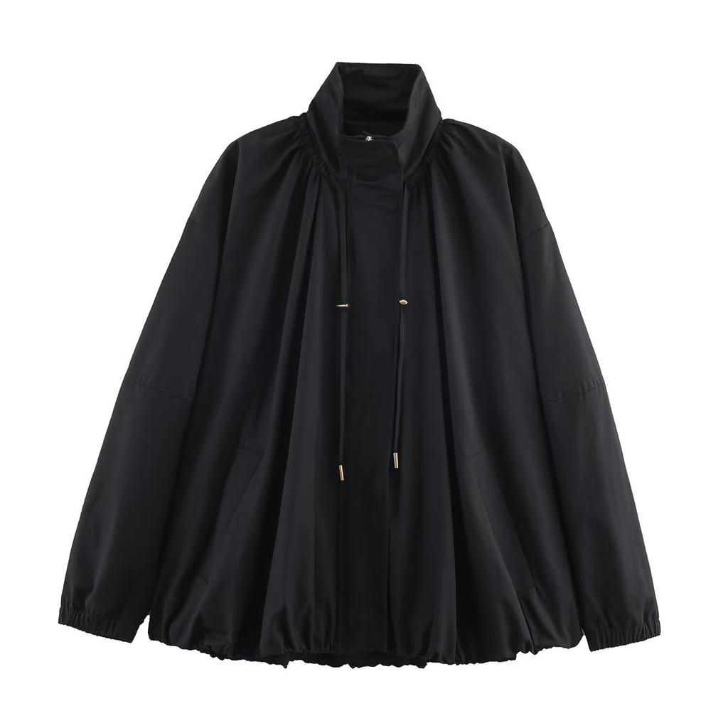 Women's Faux Suede Button Jacket Oversized Gathered Hem Short Length Coat Casual Vintage Outerwear With Pockets
