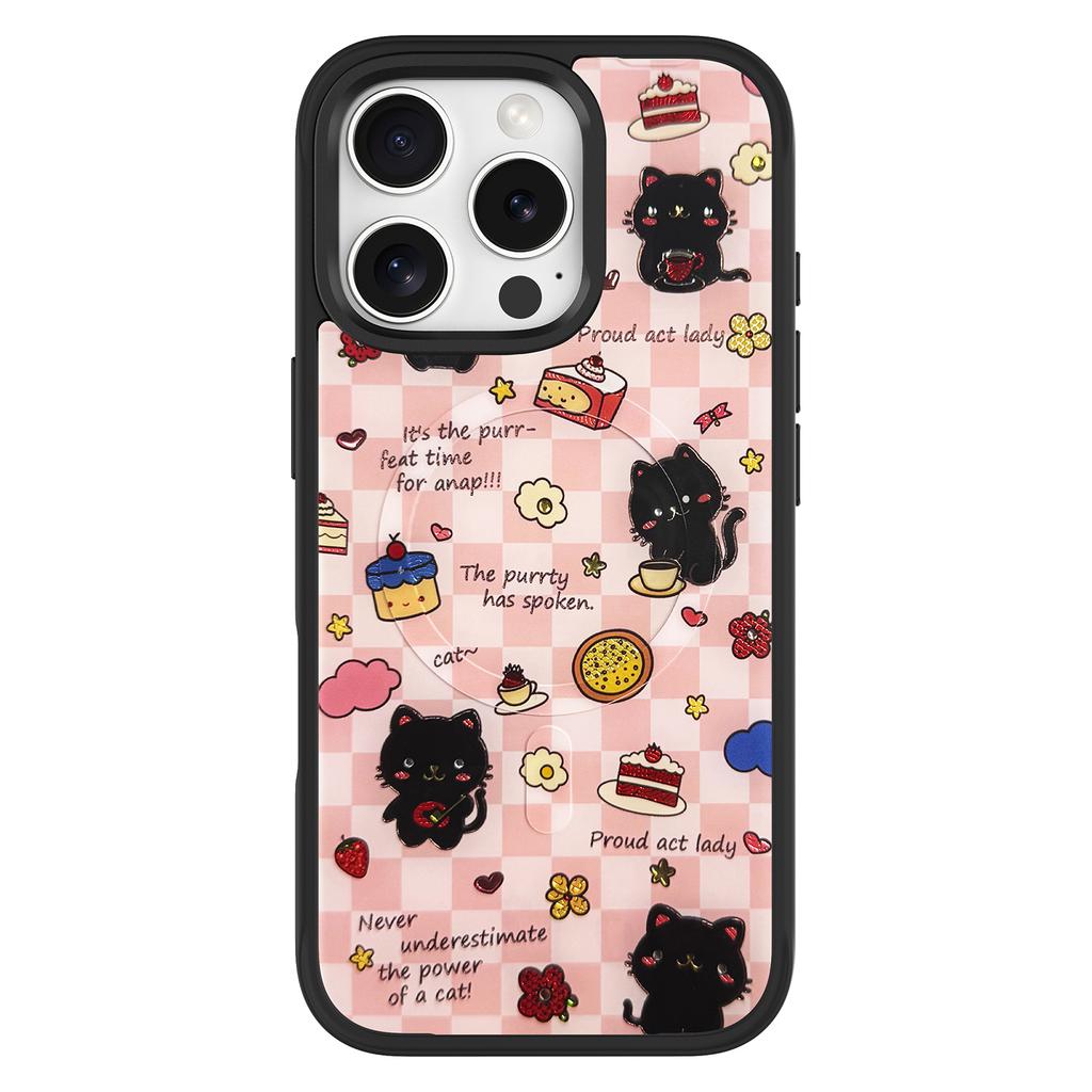 For iPhone 16 Pro Magnetic Case TPU PC Phone Cover with Detachable Happy Black Cat Backplate
