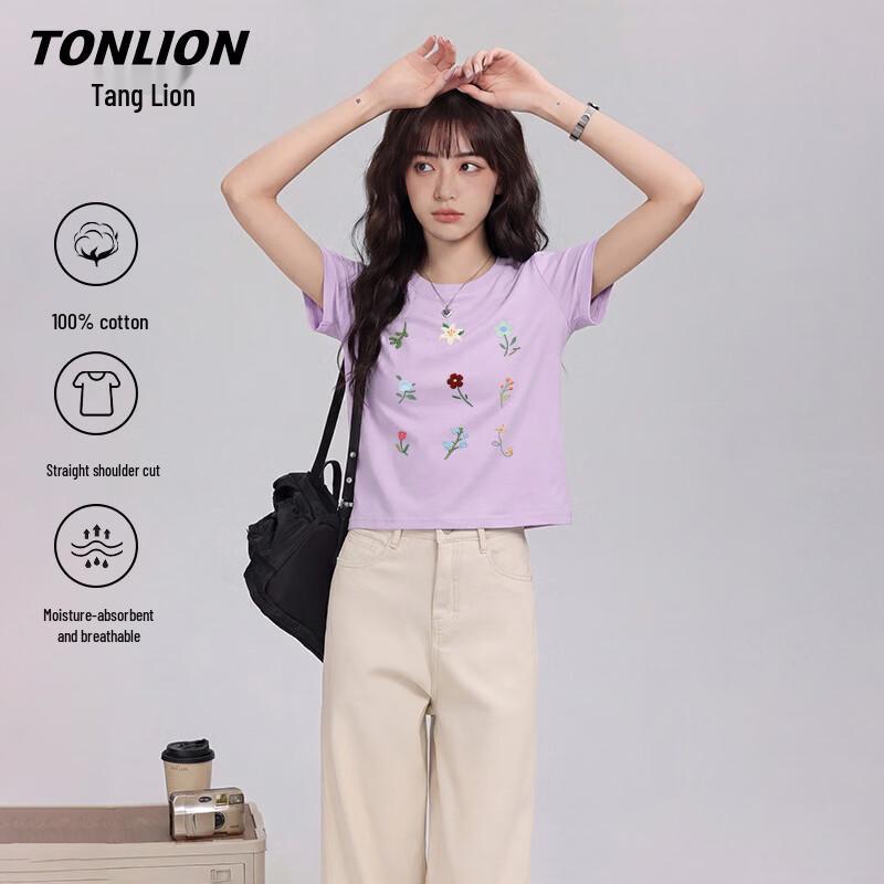 TonLion Women s Pure Cotton Embroidered Floral T-Shirt L