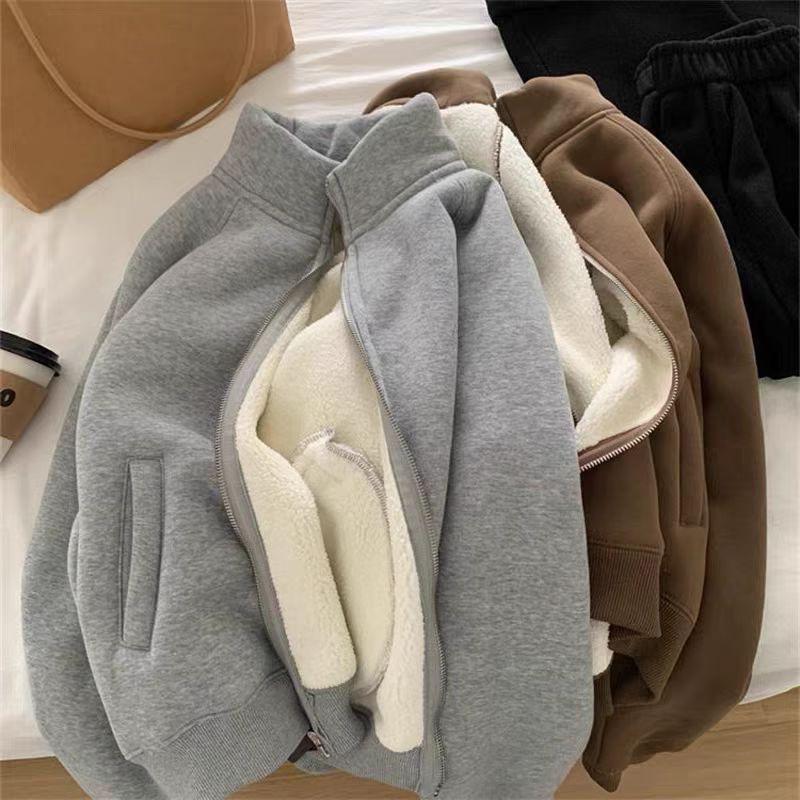 Warm Lamb Wool-Style Zipper Jacket: Autumn/Winter Casual Stand-Up Collar Sweatshirt