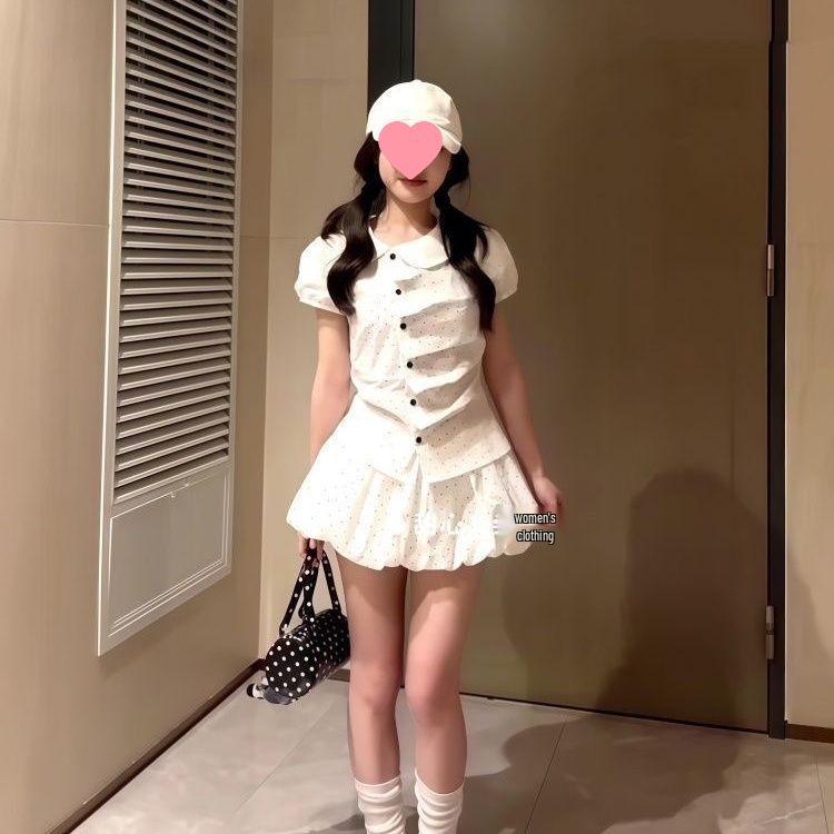 French White Polka Dot Pleated Shirt & Skirt Set Large