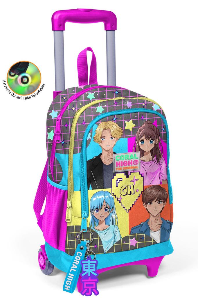 Coral High Gri Blau Rosa Anime-Muster Drei Fächer Trolley Schulrucksack 23937