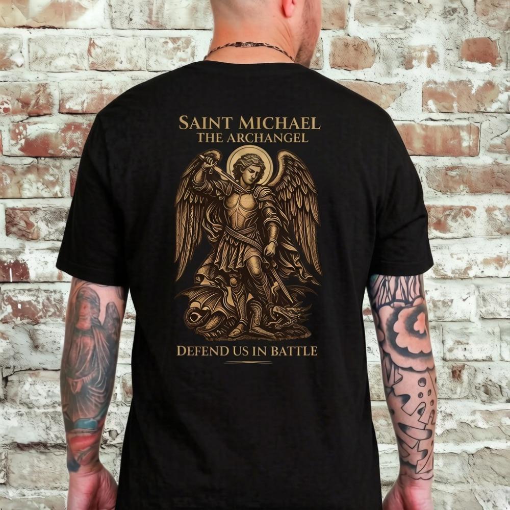 

Saint Michael Archangel T Shirt, Roman Catholic Warrior Spirit Armor Round Neck Cotton Short Sleeve Men s Comfortable Style S чёрный