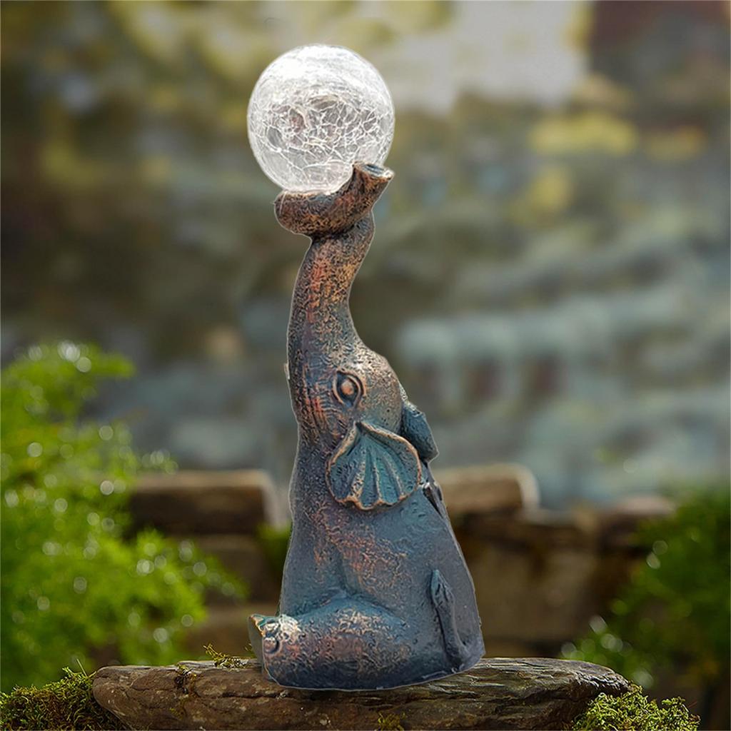 Elephant With Cracked Glass Ball Lamp Statue Solar Lamp Outdoor Garden Decoration