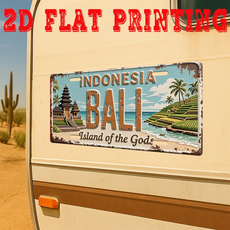 D Flachstück Vintage Aluminium Schild Dekorative Plakette und Schild Bali Schild Retro Wandkunst von Tempeln und Reisterrassen