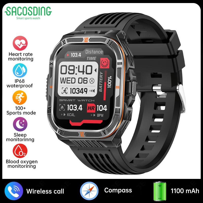 New 1100mAh Battery Outdoor Ultra Durable Men Smartwatch Flashlight Heart Rate Bluetooth Call IP68 Waterproof Sports Smart Watch