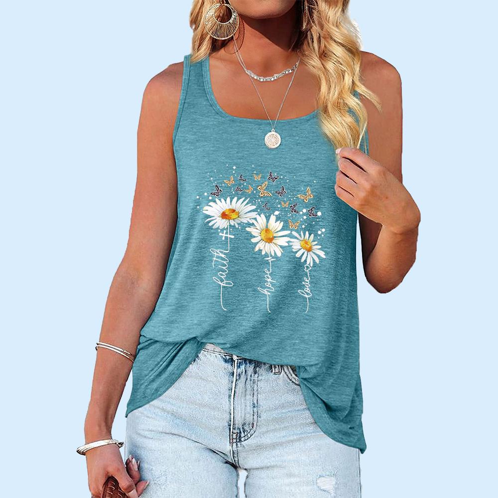 Women Fashion Summer Sleeveless Top Casual Printed O Neck T-shirt Laides Loose Tank Top