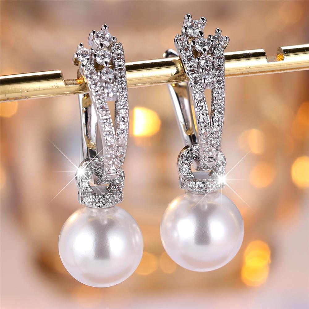 

Luxury Female White Pearl Stone Hoop Earrings Fashion Silver Color Wedding Jewelry For Women