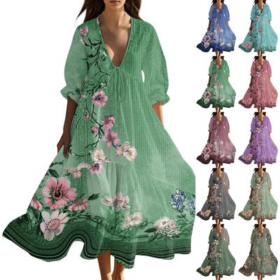 Damen Sommer Mode V-Ausschnitt Retro Blumenmuster Kurzarm Strandkleid Mit Spitze Patchwork Kleid