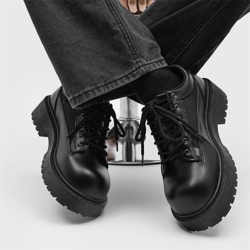 Men's British Style Height Increasing Derby Shoes - Black Leather, Thick Sole, Casual or Wedding Wear