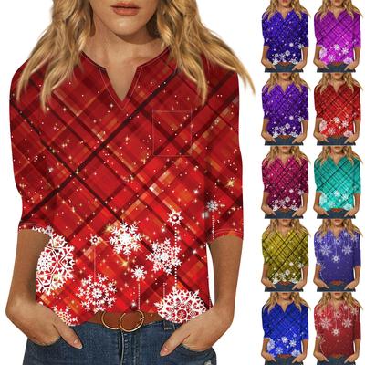 Seven Inch Sleeve Women's Top Printed Retro Fashion Casual Loose V-neck Shirt Christmas