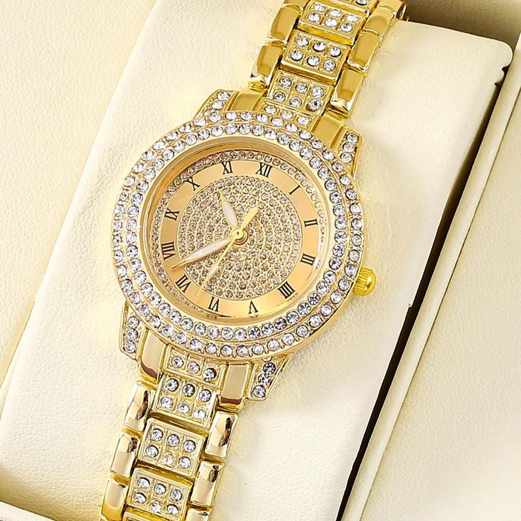 6pcs Luxury Rhinestone Women Quartz Watch With Rhinestone Bracelet Necklace Ring And Earrings Fashion Jewelry Set For Daily Wear