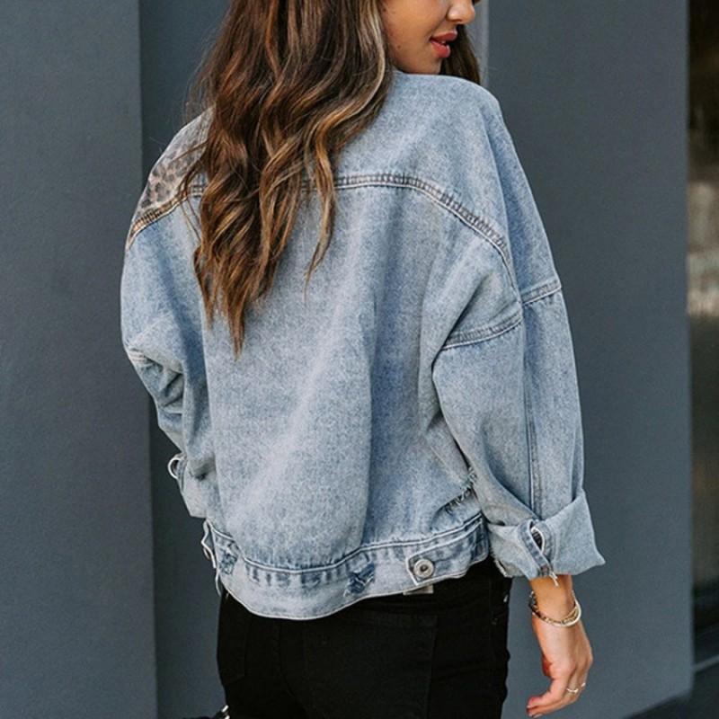Damen Winter Denim Jacke mit Leopardenmuster Patchwork Lockerer Schnitt Langarm Mantel