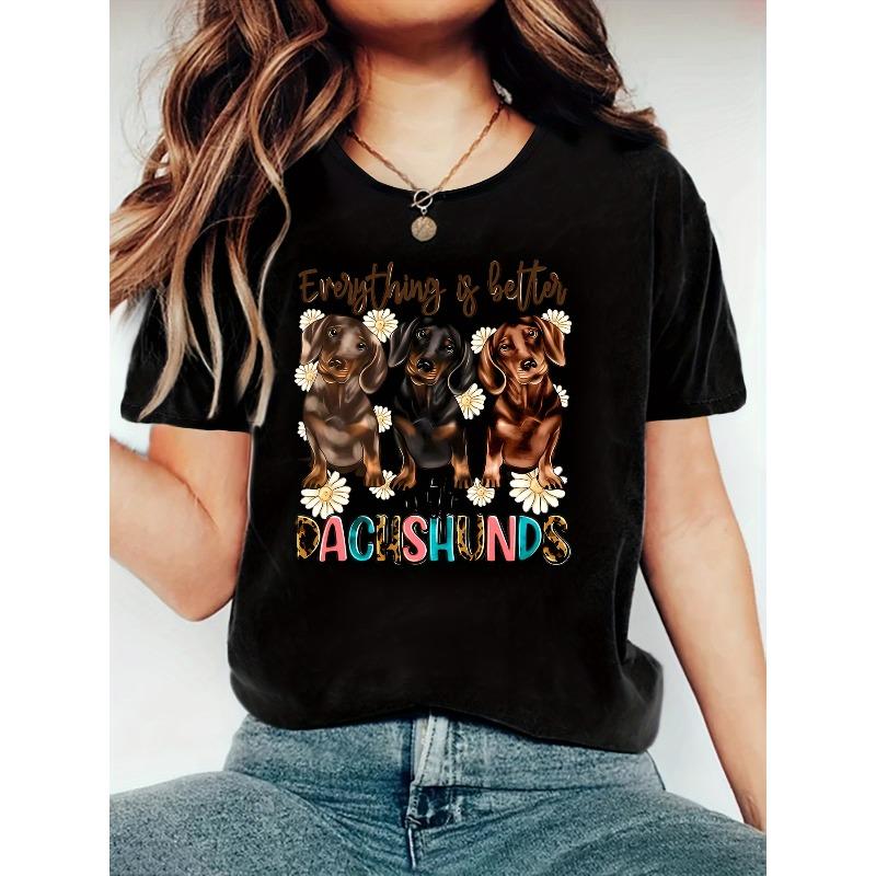 

Women s Dachshund Dog Print Tee Casual Crew Neck Short Sleeve Summer Animal Top 4XL чорний