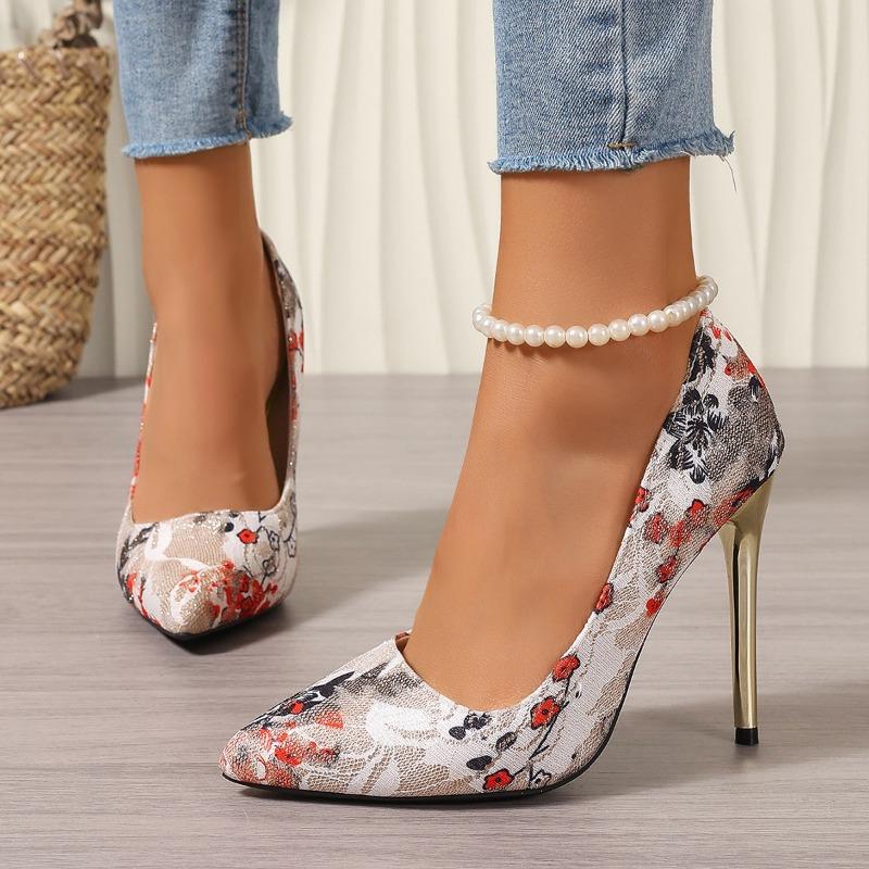 Fashion Women's Fashion Slim Heel Shoes Autumn New Pointed Head Shallow Mouth Print Slip-on Non-slip Quality High Heels