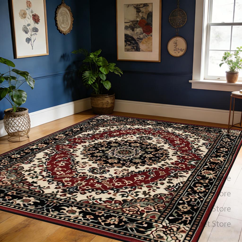 Retro Red Living Room Carpet Flower Pattern Decoration Large Area Soft Rug Bedroom Dining Room Washable Non-slip Mat Pile Fabric