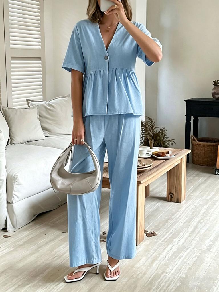 Europe, America, Cross-border Amazon Foreign Trade Fashionable and Elegant V-neck Loose Short-sleeved Top and Wide-leg Pants Two-piece Set