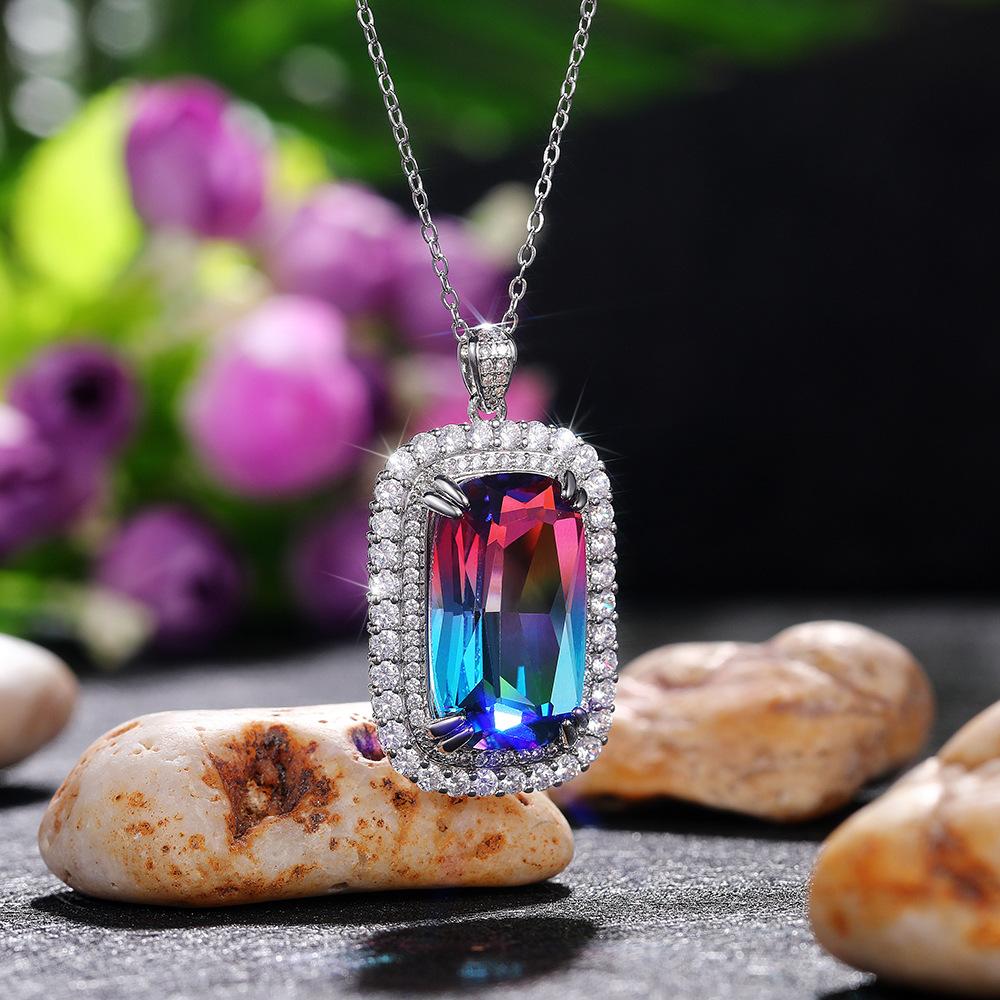 Silver Plated Emerald Cut Gradient CZ Pendant Necklace, Double Halo Cable Chain Necklace for Women