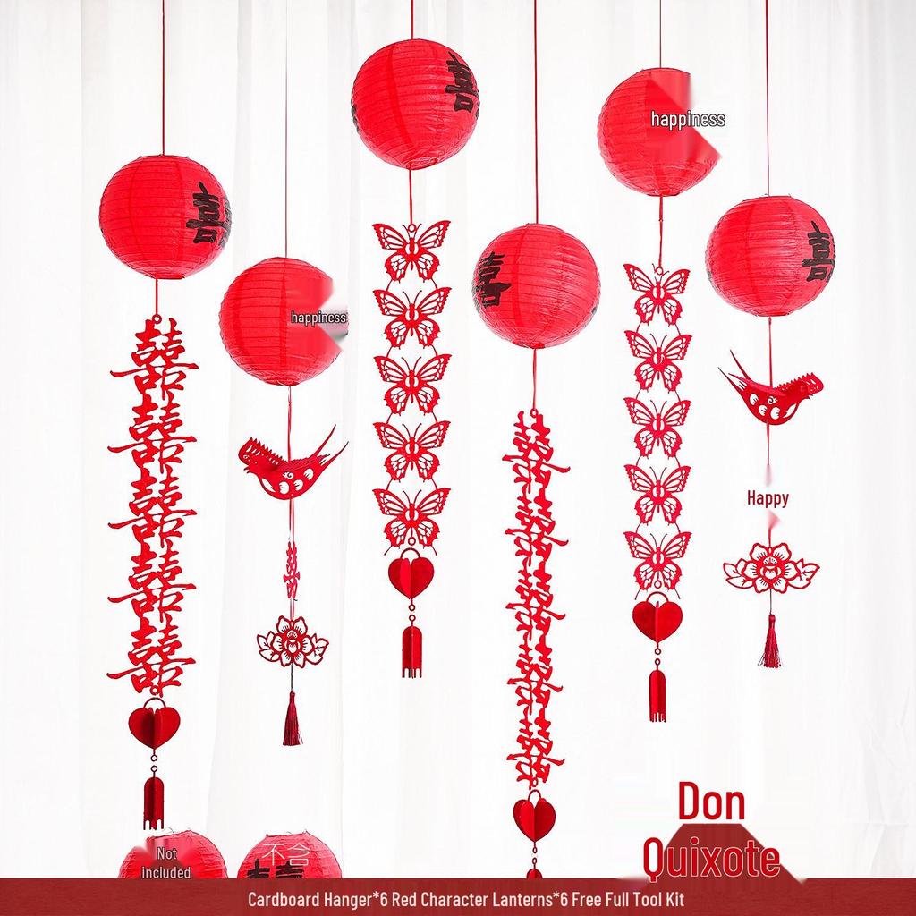 Red Wedding Room Bunting Ceiling Decorations for Bride and Groom's Bedroom and Living Room